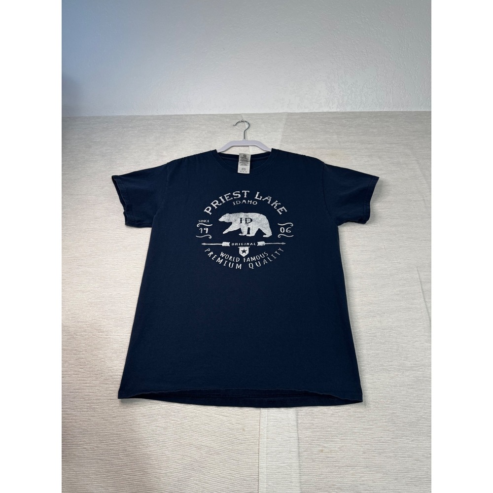 Gildan Priest Lake Idaho Bear Graphic T-Shirt Mens Medium Navy Blue Cotton